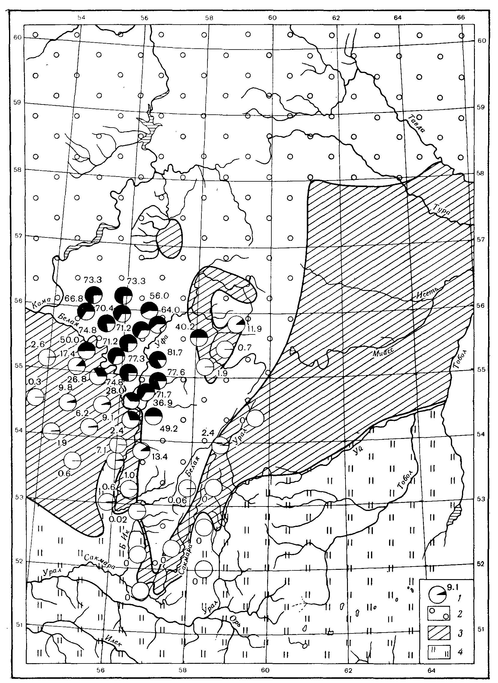 Рис. 3. Частота встречаемости меланистов (черным) в популяциях обыкновенного хомяка Cricetus cricetus L. в Башкирии. Степные популяции гомозиготны по нормальной (пестрой) окраске, меланисты встречаются в лесостепи и преобладают в лесной зоне Предуралья. 1 — частота встреч (в %) меланистов (нанесено по данным Гершензона, 1945а); 2 — леса; 3 — лесостепи; 4 — степи (границы зон; для Южного Урала по Кирикову, 1952; севернее 53° с. ш., по Крашенинникову, 1938, из Берга, 1952; упрощено).