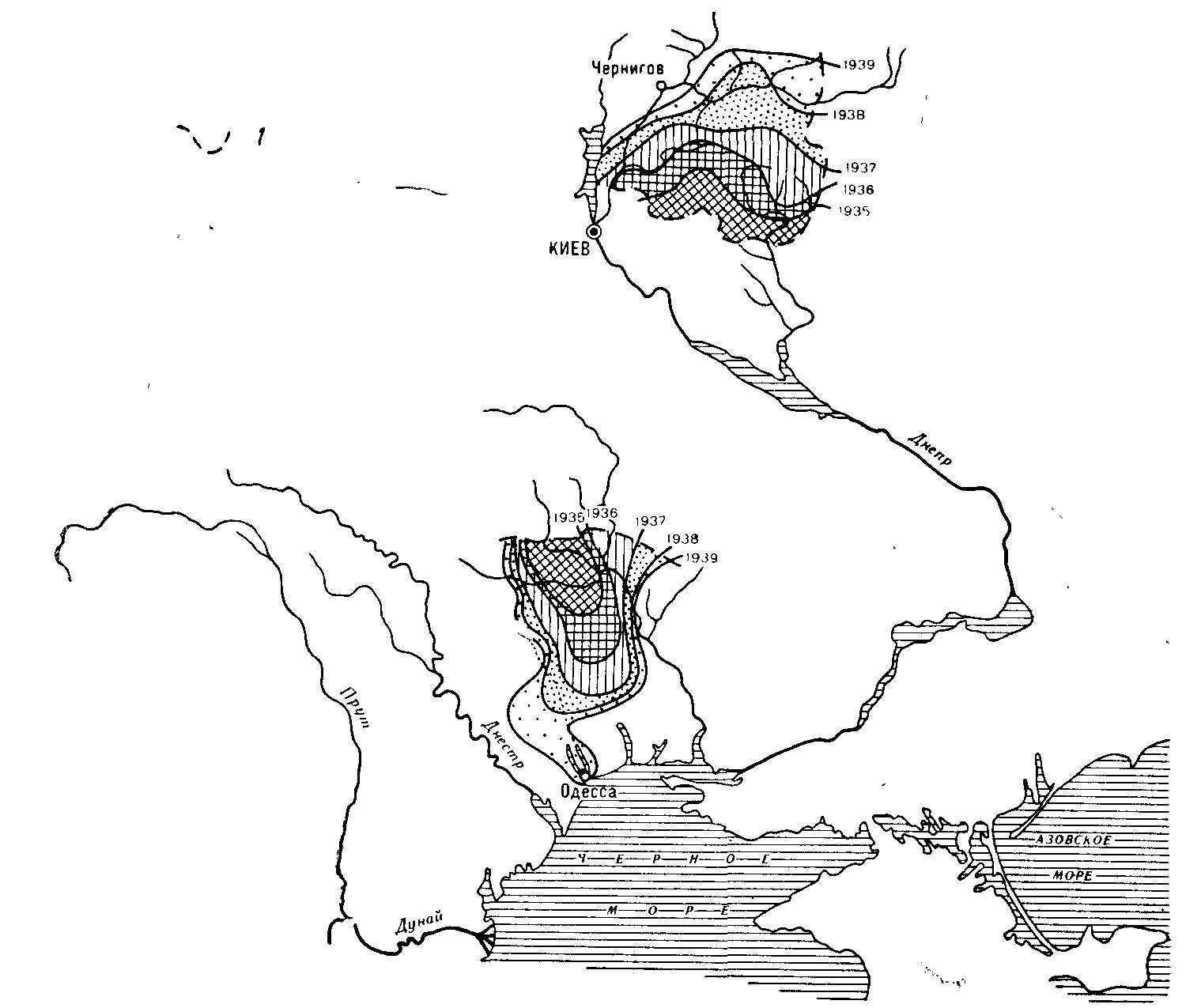 Рис. 5. Расширение ареала меланистов в популяциях обыкновенного хомяка Cricetus cricetus L. на севере (Черниговская обл.) и на юге (Одесская обл.) Украины в 1935—1939 гг. (по Гершензону, 1945б). 1 — границы изученных областей.