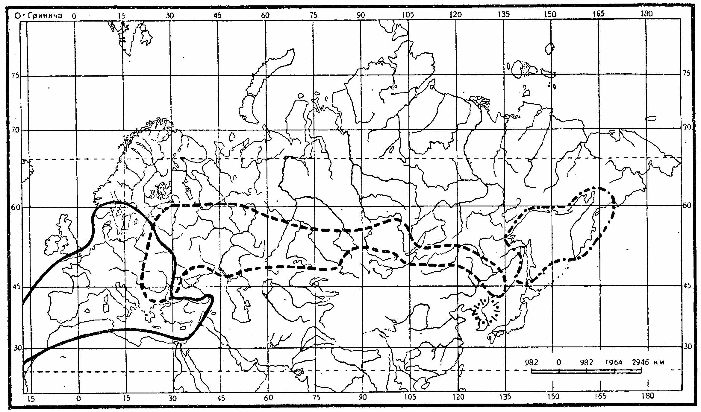 Граница ареала: сплошная линия — красного коршуна (Milvus milvus L.), линейно-точечный пунктир — белоплечего орлана (Haliaectus pelagicus Pal.), в круге — корейского орлана (H. p. niger Heude), линейный пунктир — большого подорлика (Aquila maculata Gmel.).
